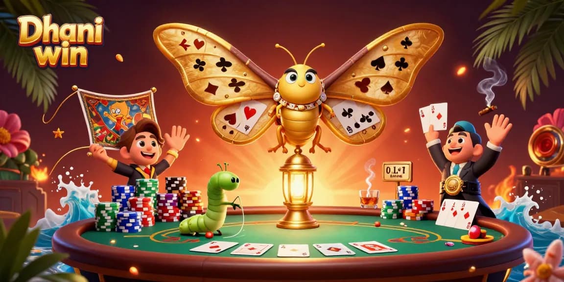 Dive into Dhani win's vibrant world as golden moths and poker chips flourish in this 3D casino scene.