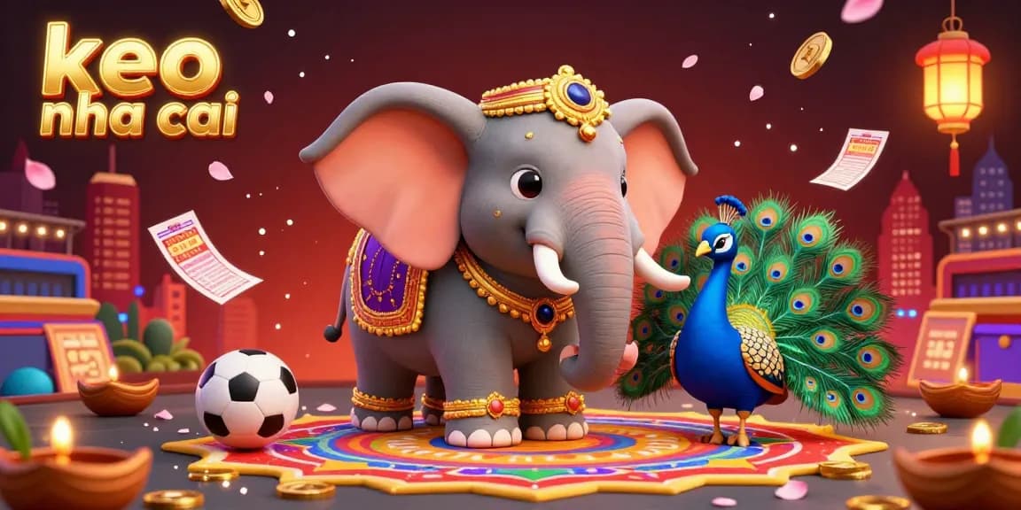 Engage in exciting sports betting with keo nha cai, featuring a vibrant elephant and peacock amid dynamic gaming elements.