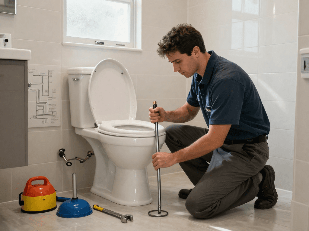 Technician performing rooter service Fort Worth in a residential bathroom, demonstrating expertise.