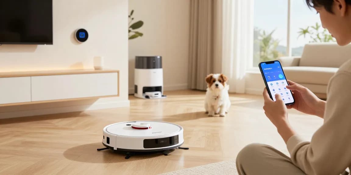 Roborock 2026 vacuum cleaner navigating a modern home, featuring smart technology and real-time app interaction.