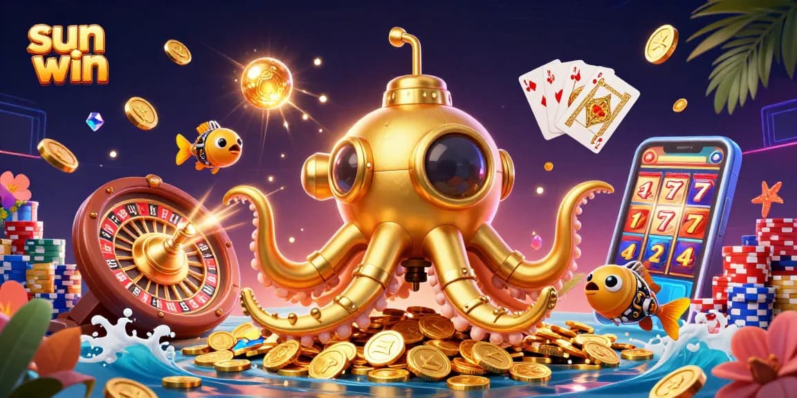 Experience the thrill of gaming with sun win, featuring a golden kraken and vibrant casino elements.