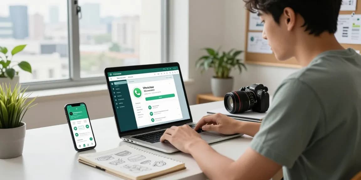 WhatsApp下載 workspace featuring a mobile developer coding the WhatsApp interface with a laptop, smartphone, and sketches.