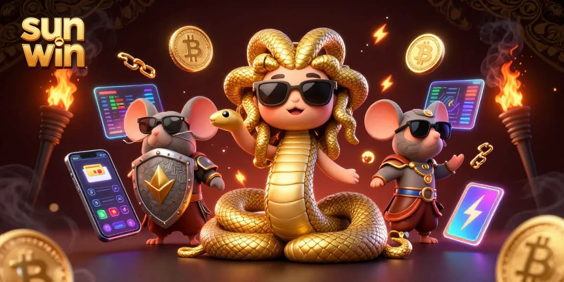 Play games at sun win with adorable characters and crypto elements in a vibrant casino scene.