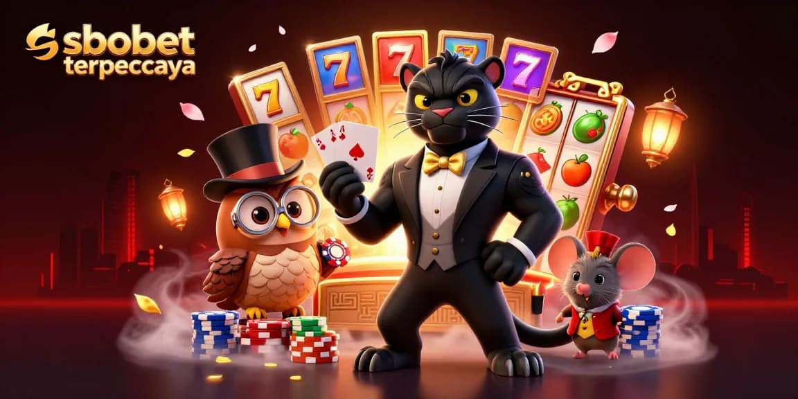 Experience sbobet terpercaya with a stylish black panther, owl, and lucky mouse amidst vibrant slot elements.