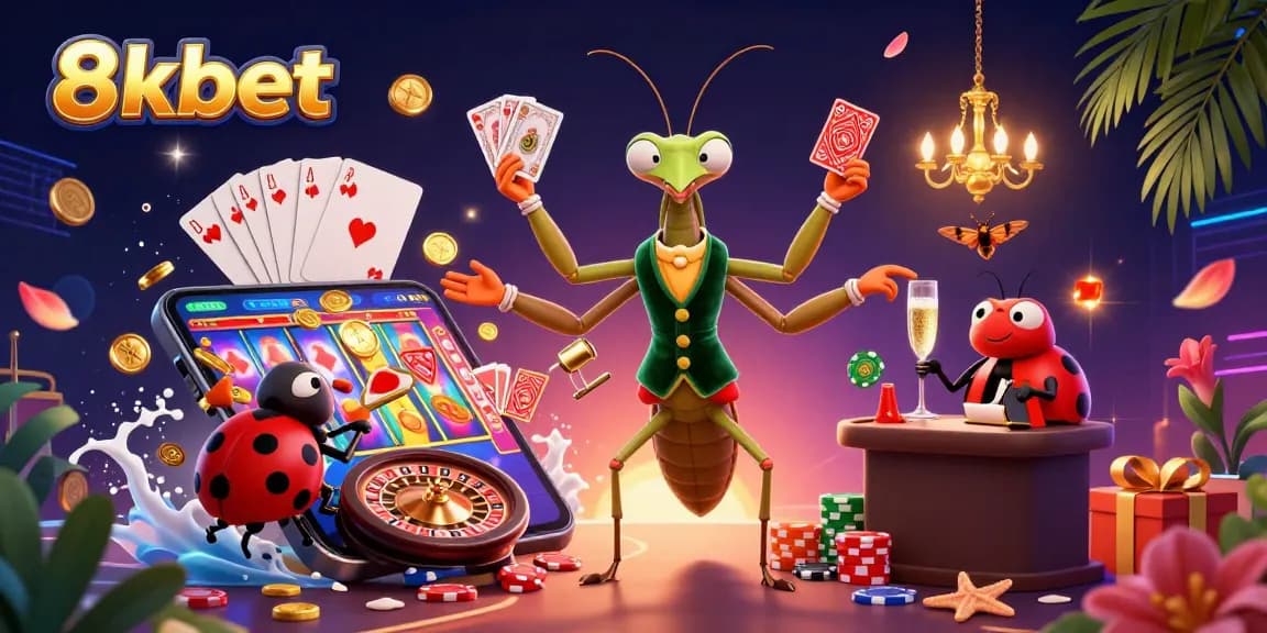 Experience vibrant gaming action with 8kbet as a giant mantis card sharp and ladybug pit boss animate this casino scene.