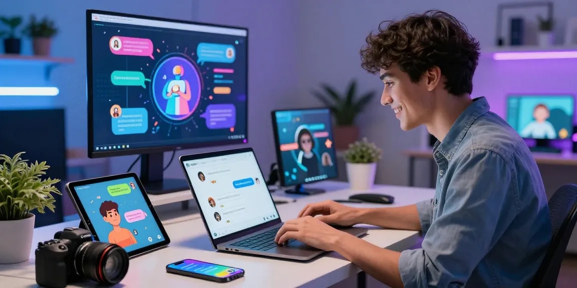 Engaging with spicy chat ai in a vibrant tech workspace, showcasing creativity and interaction.