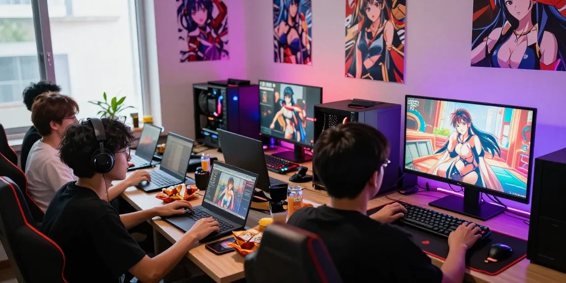 Group playing hentai games with vibrant atmosphere and gaming gear.