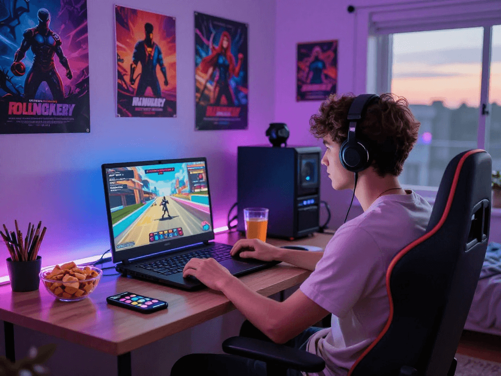 Enjoy an exciting mobile porn game experience in a cozy gaming setup.