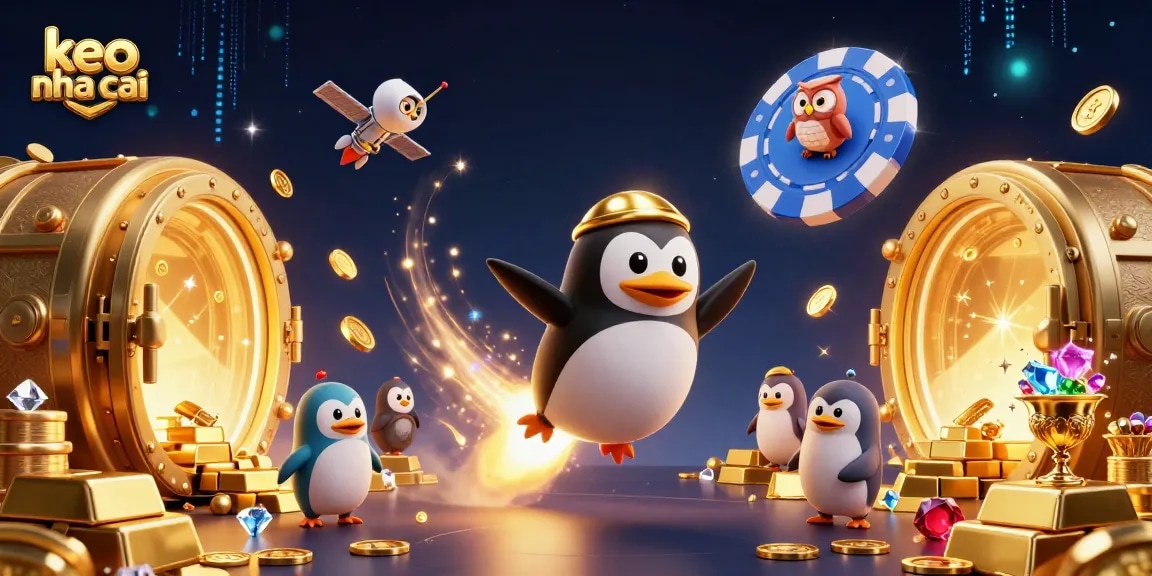 Engage with keo nha cai as a golden penguin ventures into a vibrant gambling universe.