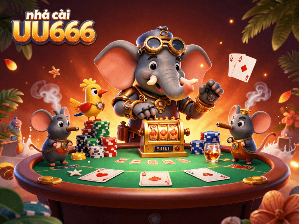 Spin the golden slot machine at nhà cái UU666, showcasing vibrant poker chips and a dynamic casino ambiance.