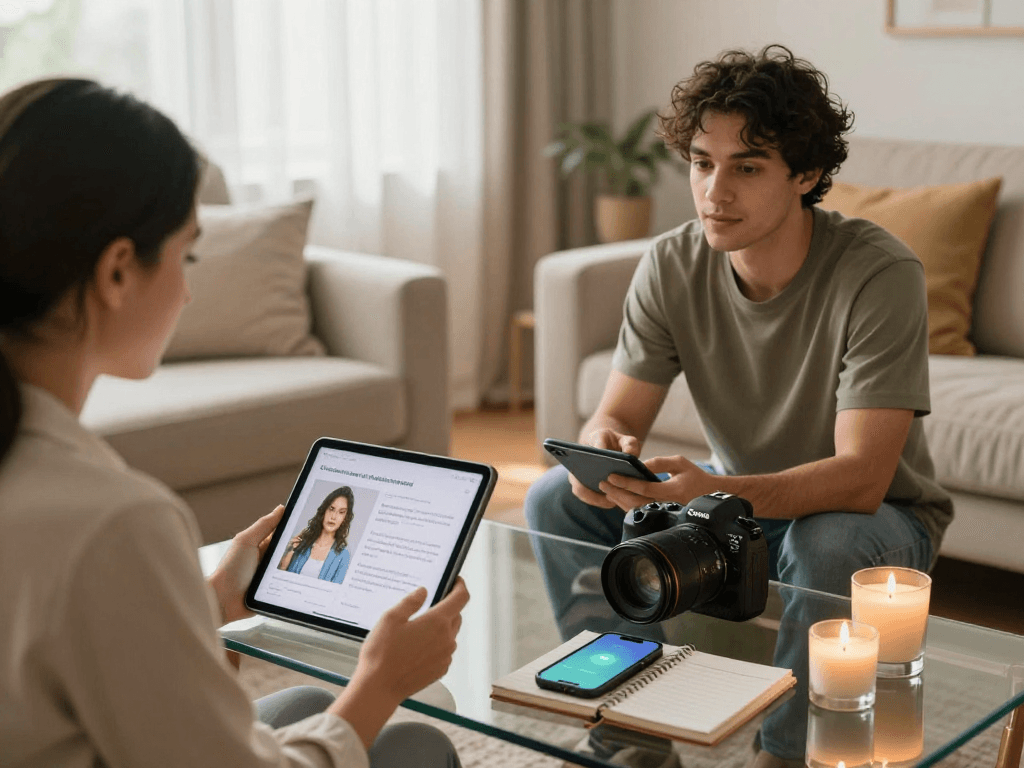 Engaged couple exploring sex AI relationship tools during therapy session.