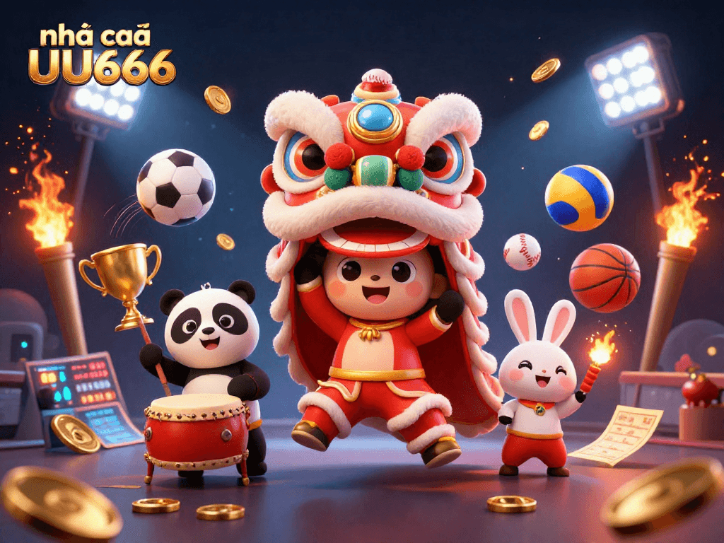 Join the fun at nhà cái UU666 with a vibrant 3D illustration of a lion dance, sports elements, and festive energy.