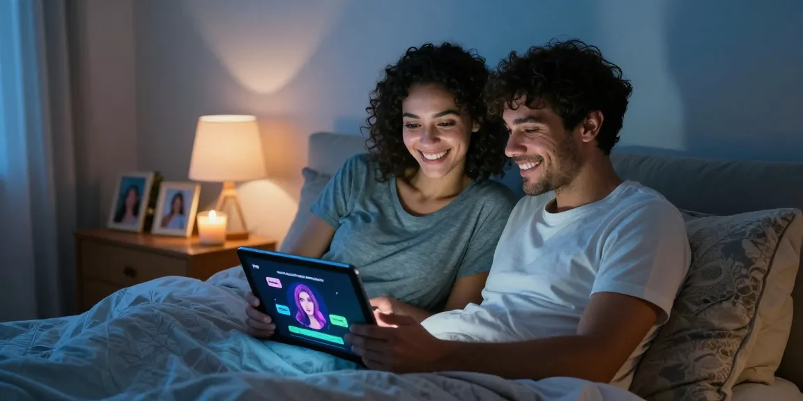 A couple engaging with an AI on a tablet in a cozy bedroom, exploring intimacy with sex ai technology.
