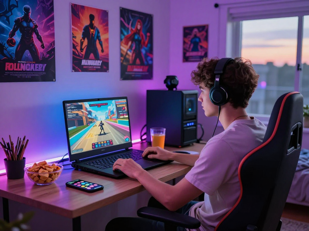Enjoy an exciting mobile porn game experience in a cozy gaming setup.
