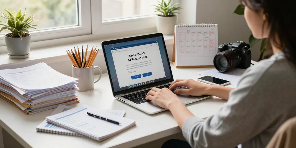 Person applying for a same-day $350 loan in a cozy home office.
