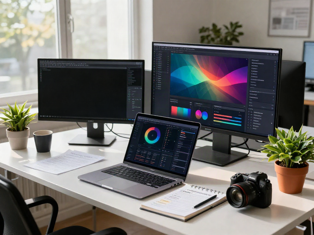 Professional workspace representing instant indexing techniques with screens showing SEO analytics.