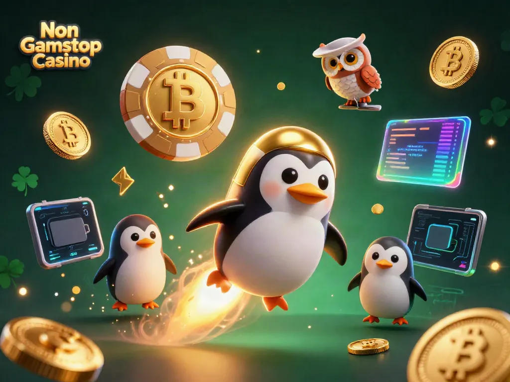 Experience the excitement of Non Gamstop Casino with a golden penguin blasting through a cosmic backdrop of coins and crypto.