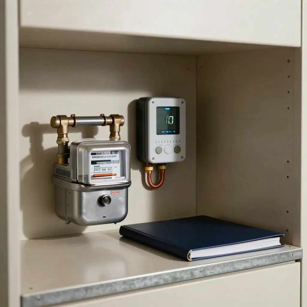 Utility cupboard with gas and electric meters, energy monitor, and black folder in soft daylight.
