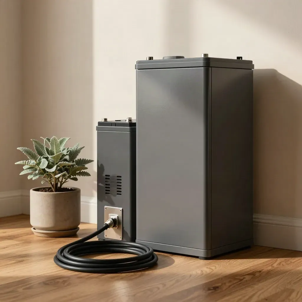 Home battery stack in a plant nook with cable loop and warm side light