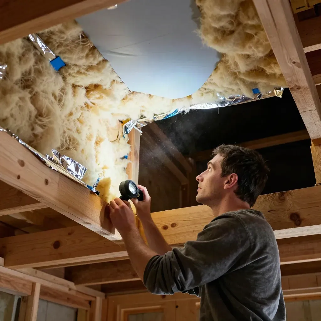 Warm loft hatch insulation audit with torch on joist, dust motes, and dramatic attic light.