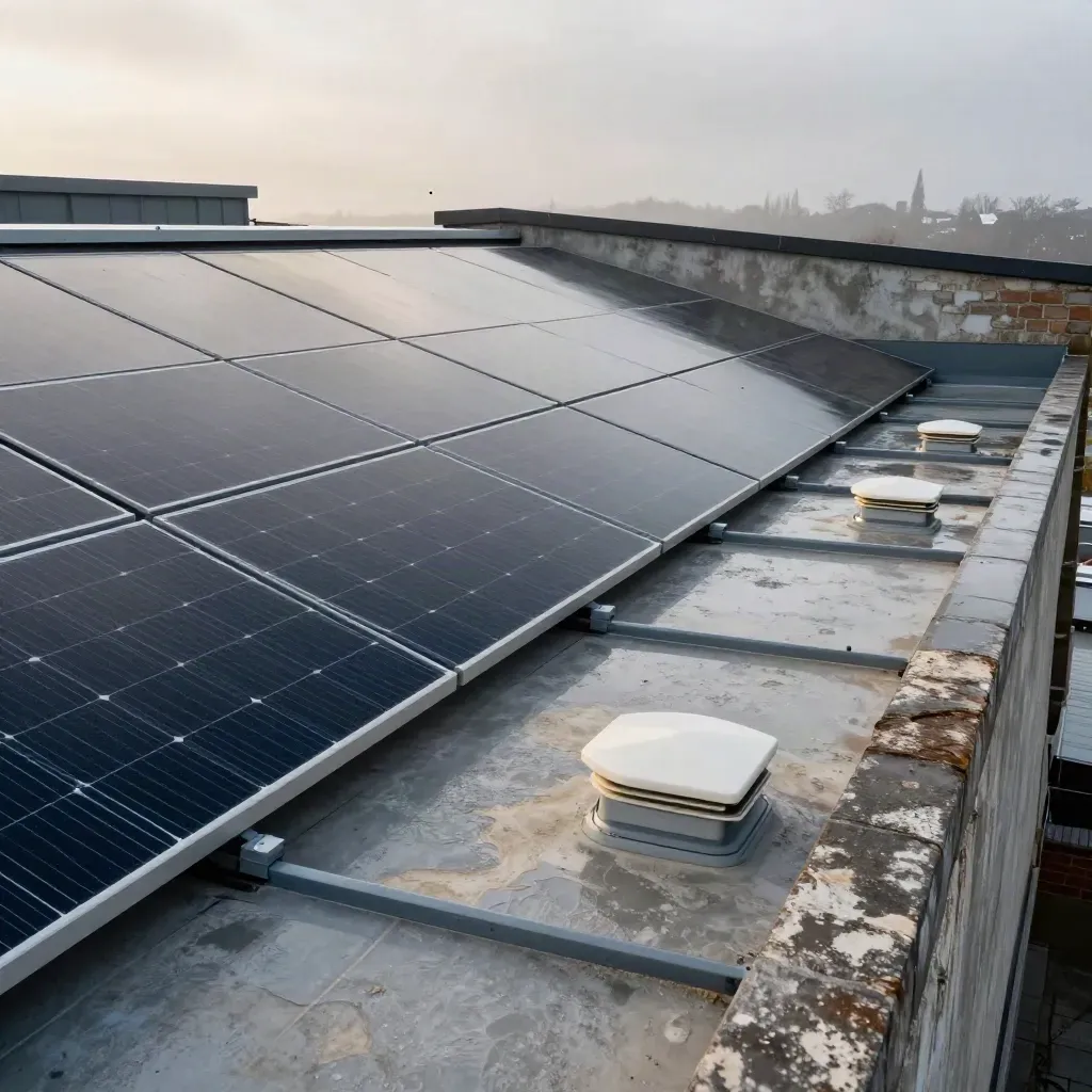 Wide rooftop solar planning layout with staged panels, ballast blocks and hazy morning light.