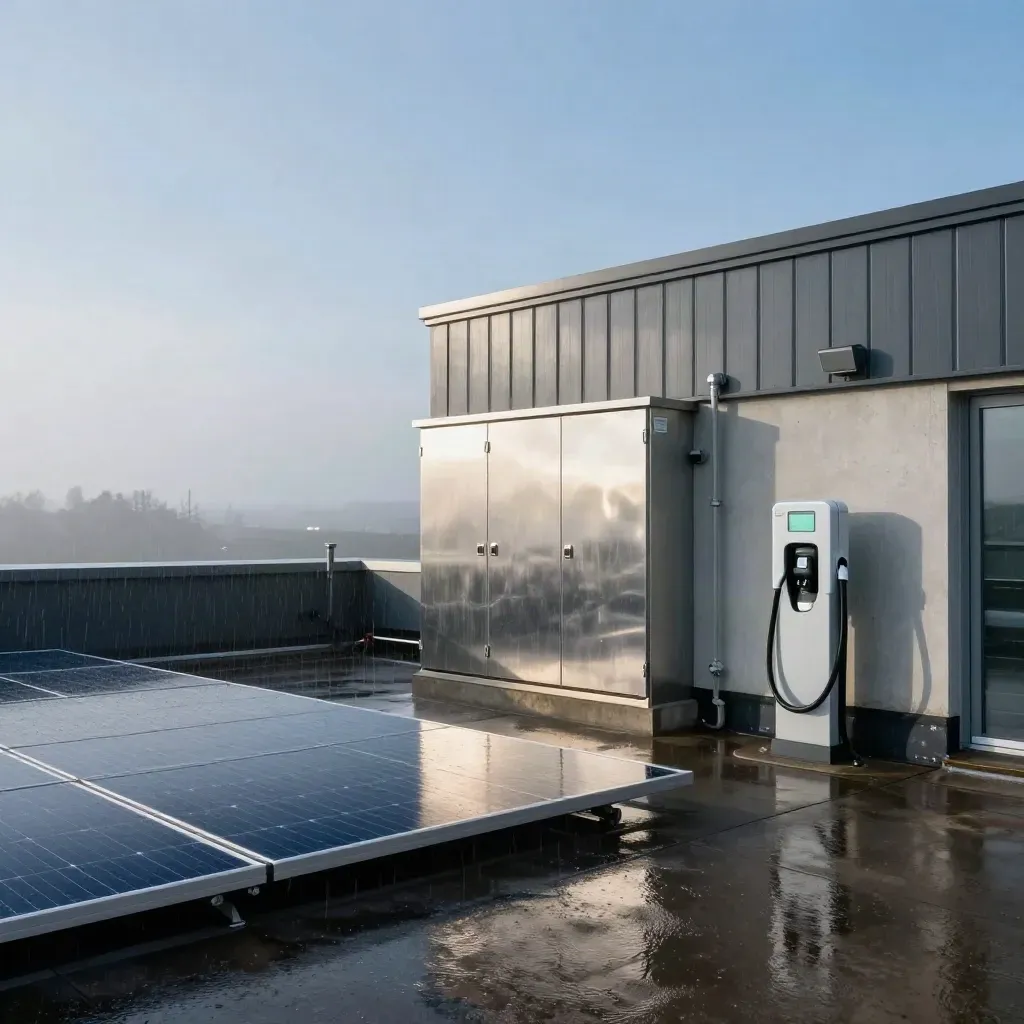Rain-darkened UK rooftop with solar panels, battery cabinet and EV charger in morning light.