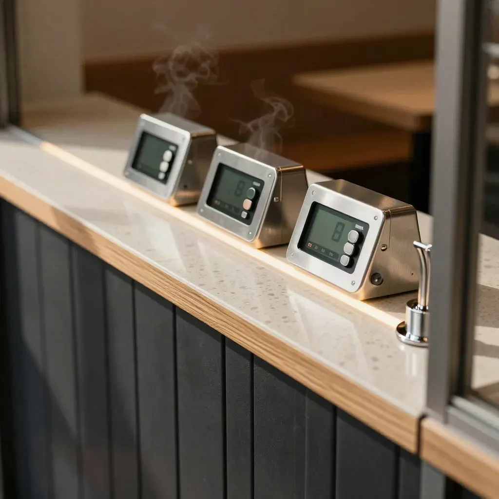 Macro of a cafe counter with timer modules, LED strip, espresso machine and faint steam.