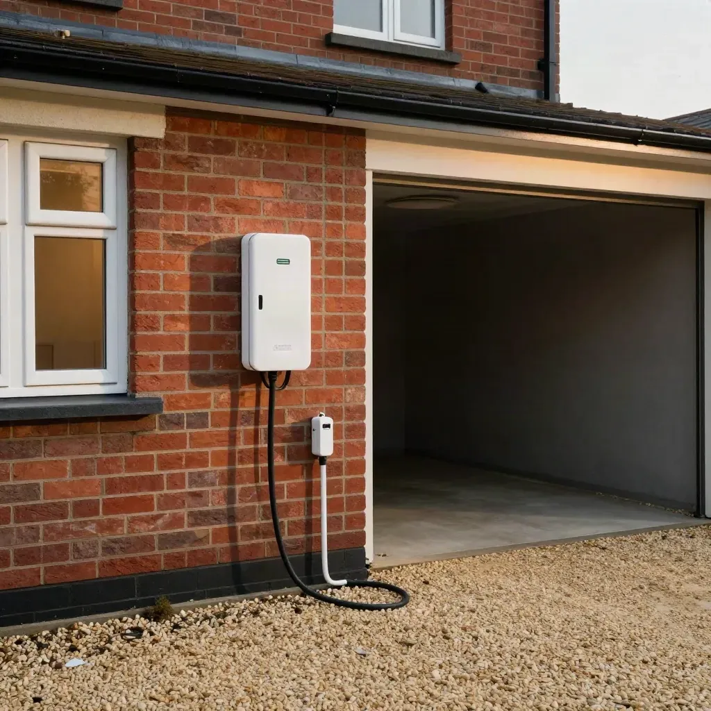 Terraced home EV charger on brick wall beside tidy gravel drive, ready for use.