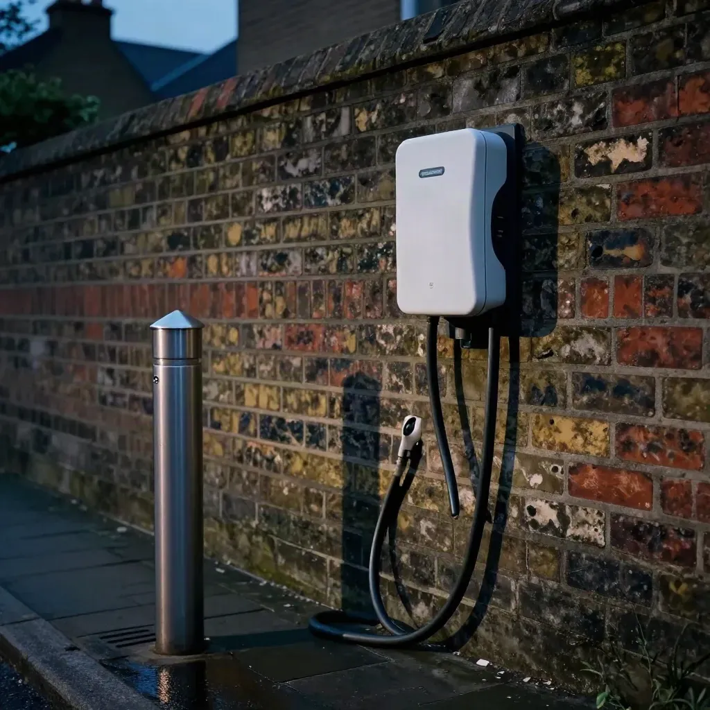 EV charger on a brick wall with a neat cable run beside a driveway bollard at dusk