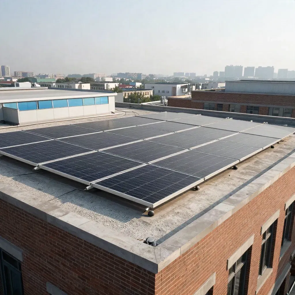 Solar panels and skylight on a finished office flat roof in summer haze