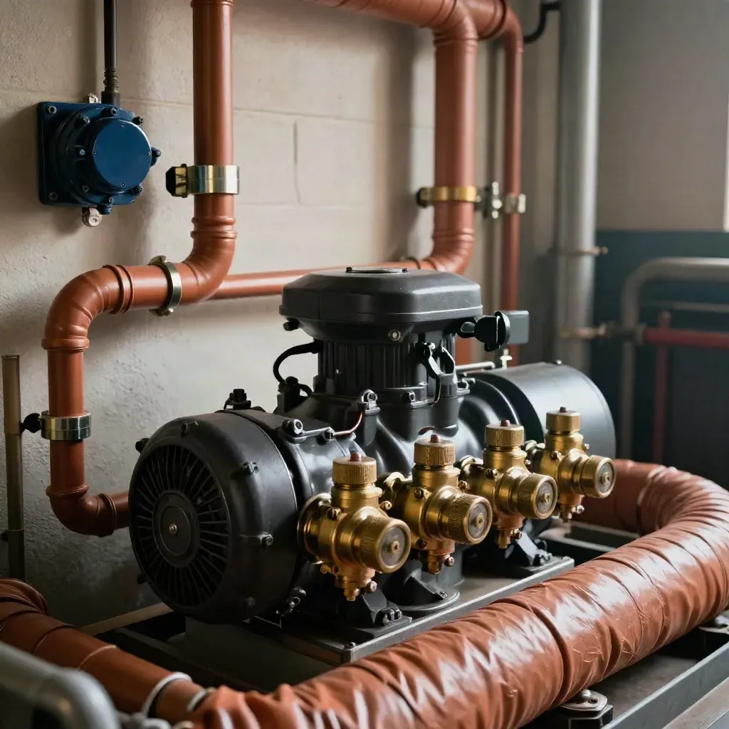 Macro boiler-room heating upgrade: pump, valves and insulated pipework in warm documentary light