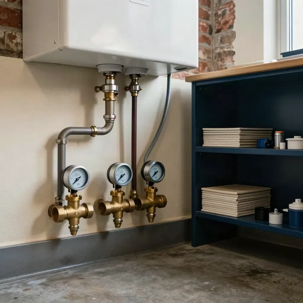 Boiler corner with new timers, valves and insulated pipes in a dark shop plant room.