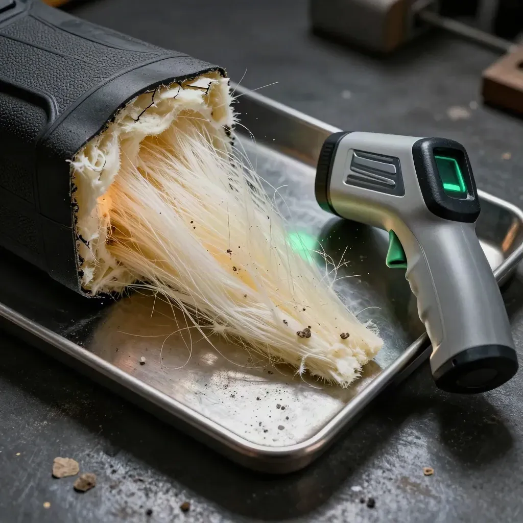 Thermal audit tools on a metal tray with insulation fibres and dust, seen in extreme macro.