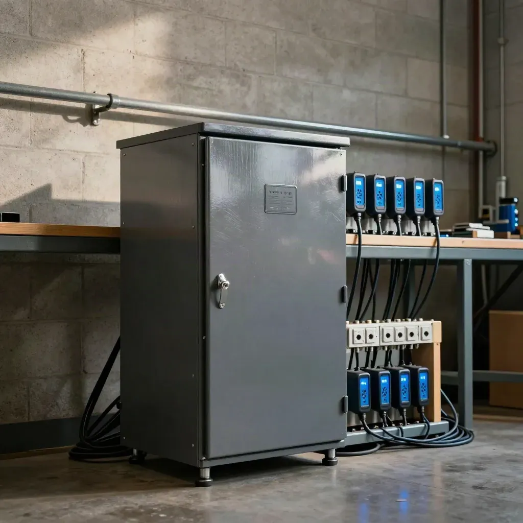 Workshop battery cabinet with inverter and glowing tool chargers in a finished workshop