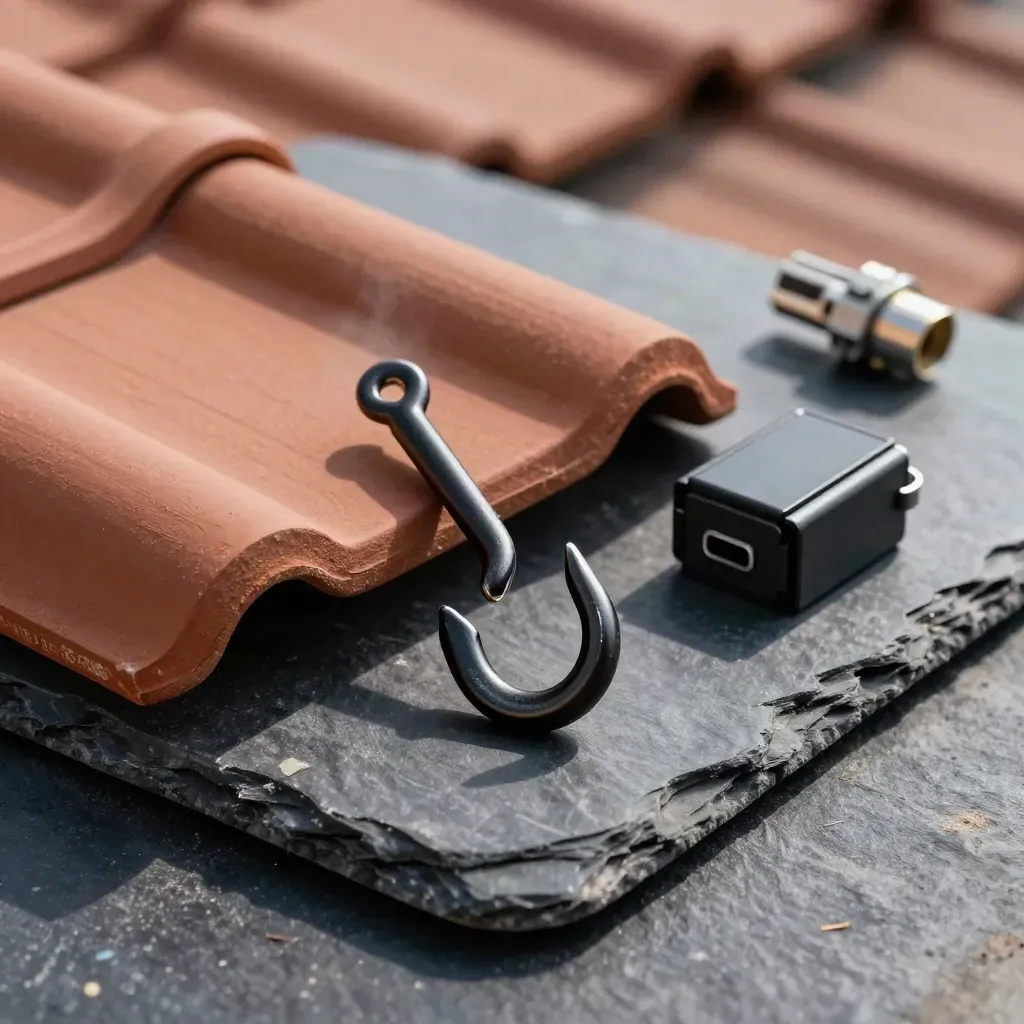 Solar roof planning tools on slate with hook, tile, junction box and connectors.
