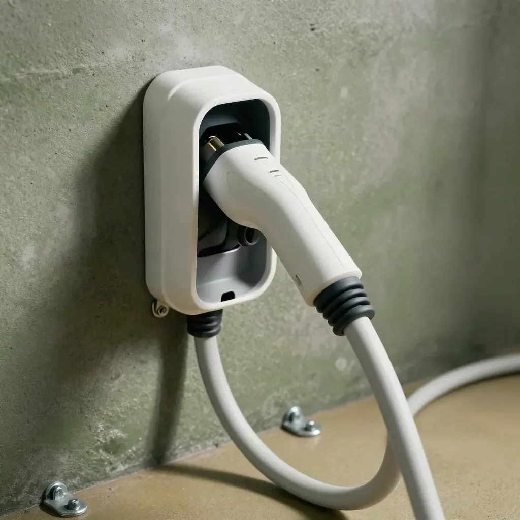 EV charger plug and coiled lead in a wall holster on a concrete garage surface.