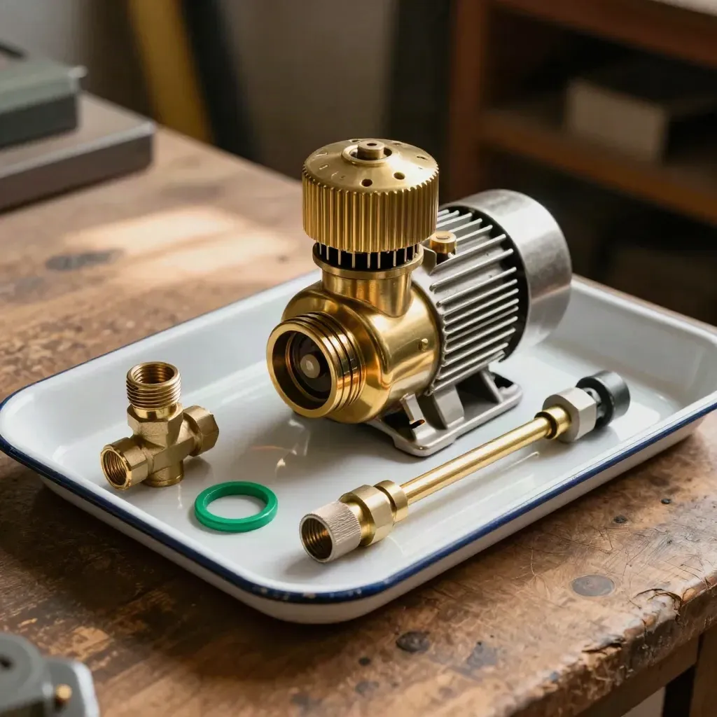 Brass heating kit parts on a white enamel tray with soft daylight and shadows.