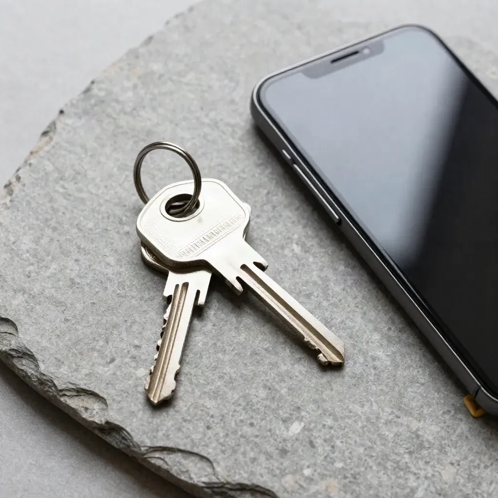 Overhead flatlay of two keys, a blank phone, and a cable tie on stone