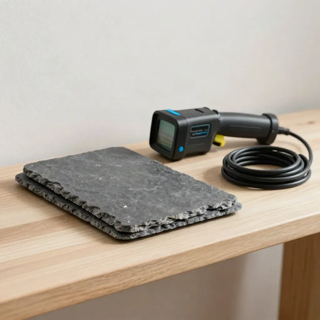 Roof slate sample, torch, infrared thermometer and cable coil on a timber shelf in soft side light.