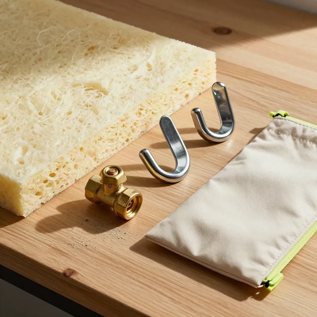 Solar fix samples on pale wood bench: insulation board, valve head, roof hook, and pouch.