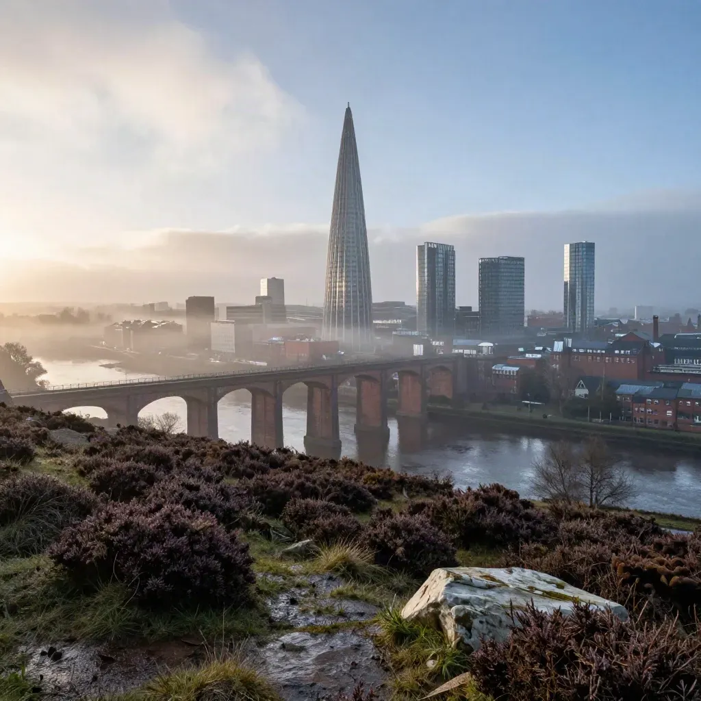 Dawn haze over Greater Manchester skyline with Beetham Tower above a calm moor ridge.
