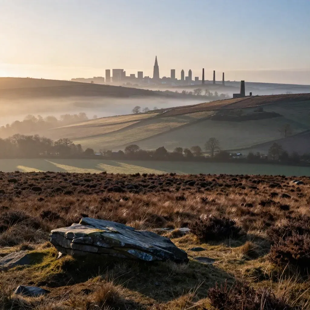 West Yorkshire moorland ridge with Leeds skyline glowing in sunrise mist