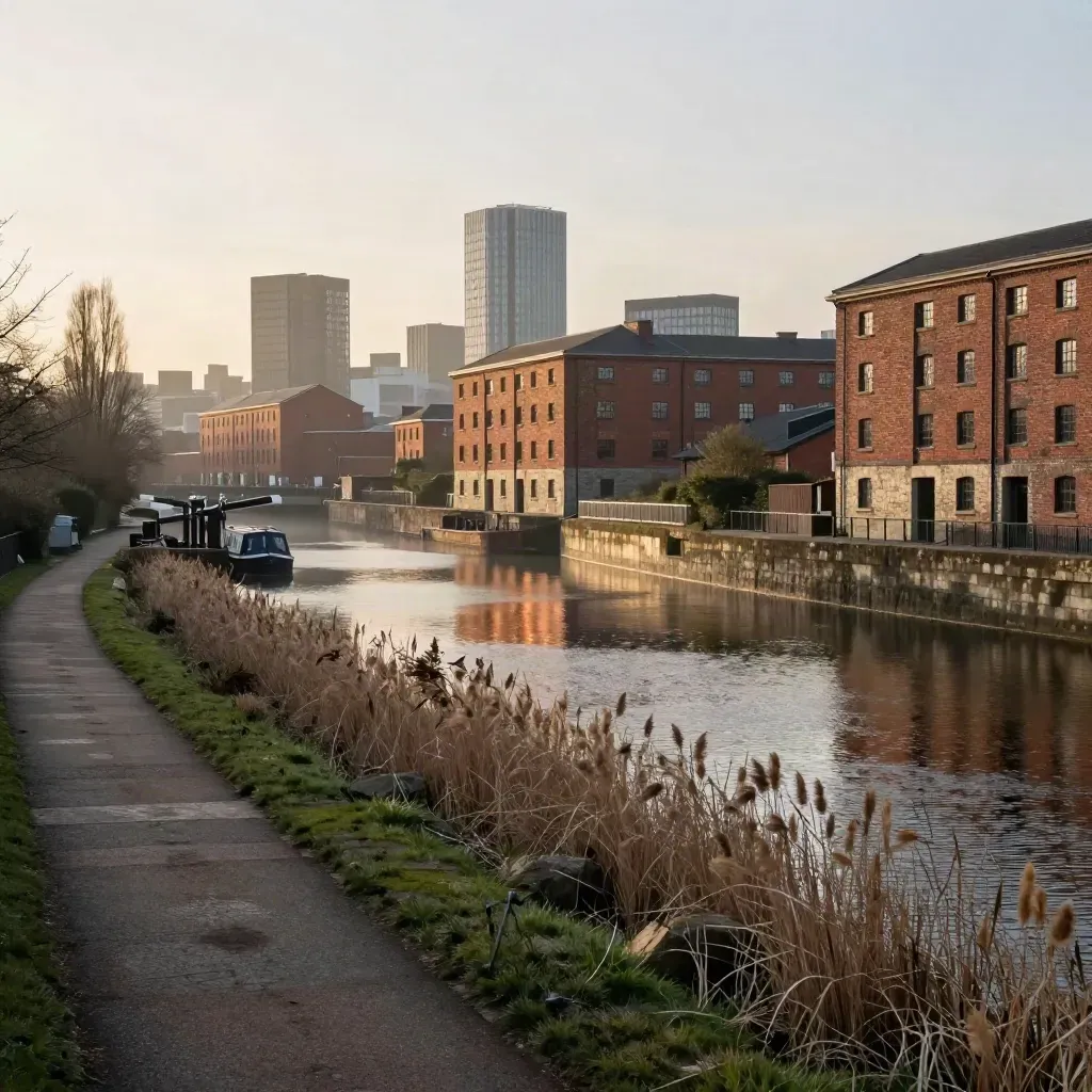 Birmingham skyline over bronze canal water and brick warehouses at golden hour.