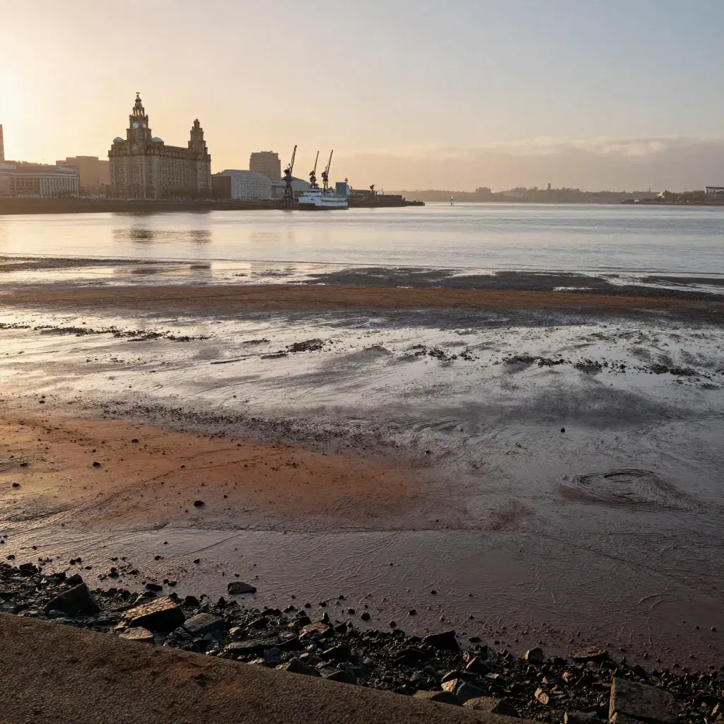 Liverpool waterfront and Mersey tidal flats at sunset, haze over calm water and mud