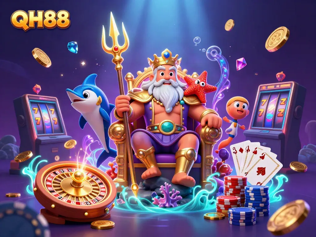 Join QH88's thrilling adventure with Neptune and gaming elements in a vibrant casino world.