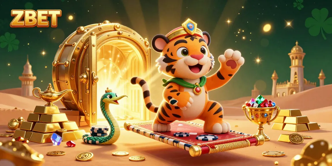 ZBET showcases an online casino experience with dynamic scenes of a sultan, treasures, and magic in a vibrant digital setting.