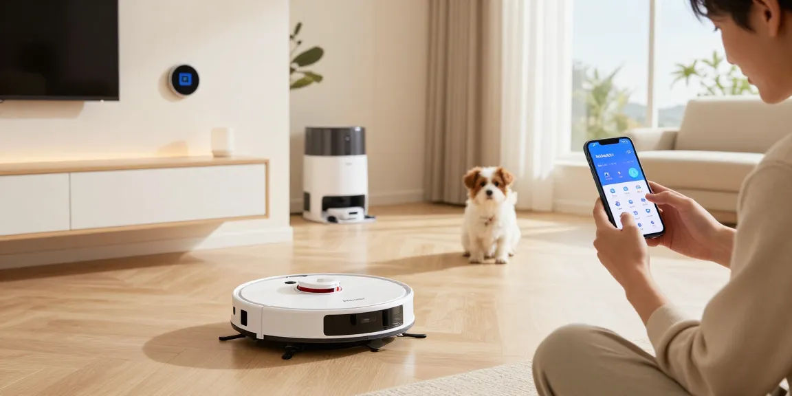 Roborock 2026 vacuum cleaner navigating a modern home, featuring smart technology and real-time app interaction.