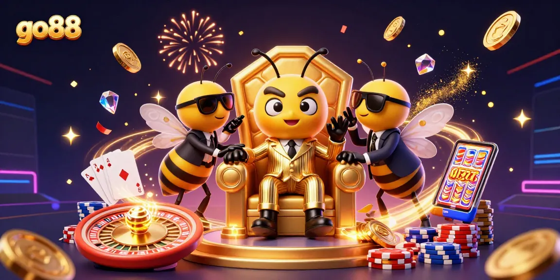 Experience the thrill of go88 with a dynamic scene featuring a 3D bumblebee mob boss amidst casino excitement.