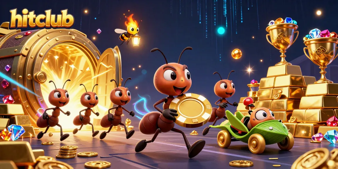 Hitclub teams up cartoon ants, carrying a giant poker chip while avoiding traps in a treasure vault.